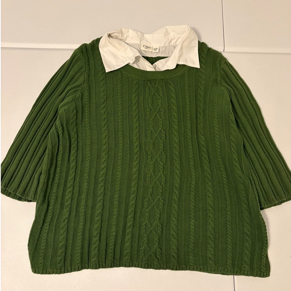 Cato Woman Green Cable Knit Layered Look Sweater White Collar Plus 22/24W zz